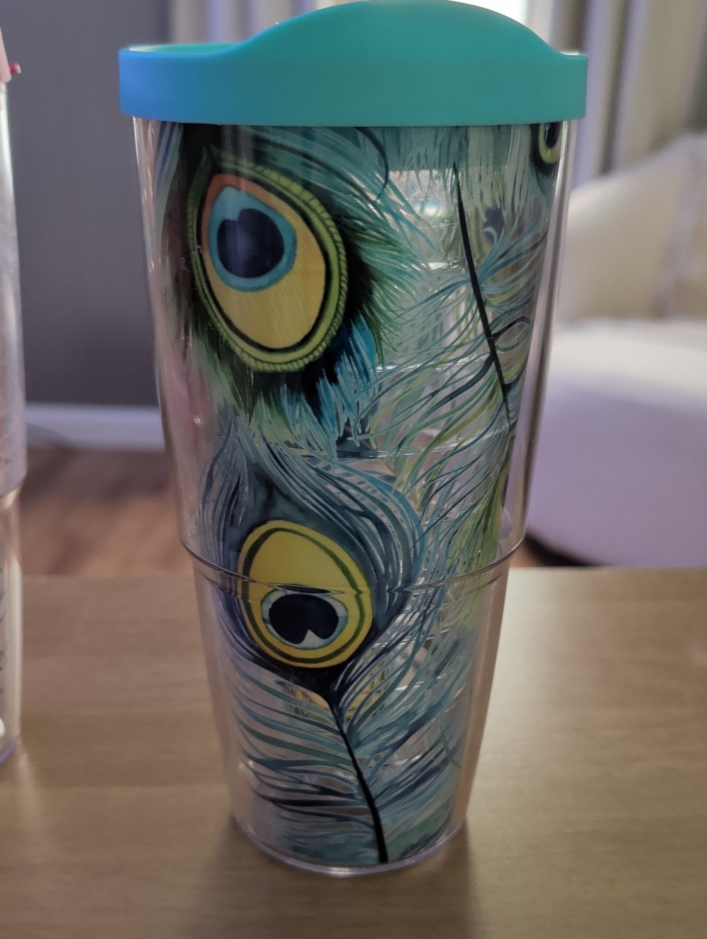 tervis Peacock Feather Travel Tumbler with Teal Lid and Yellow Accents